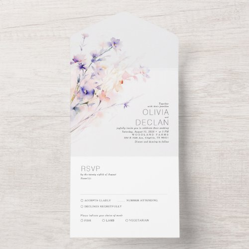 Elegant Soft Watercolor Flowers Purple Wedding All In One Invitation