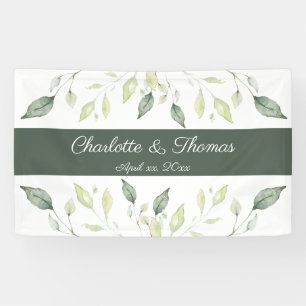 Elegant Soft Watercolor Green Leaves Wedding Banner