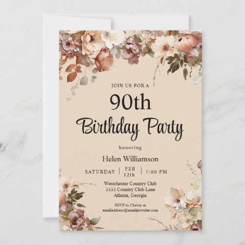 Elegant Soft Watercolor Pink Floral 90th Birthday