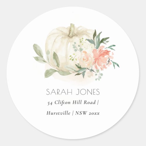 Elegant Soft White Pumpkin Blush Floral Address Classic Round Sticker