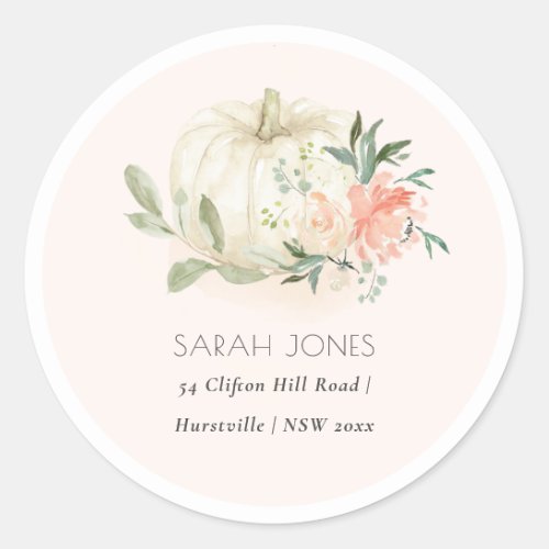 Elegant Soft White Pumpkin Blush Floral Address Classic Round Sticker