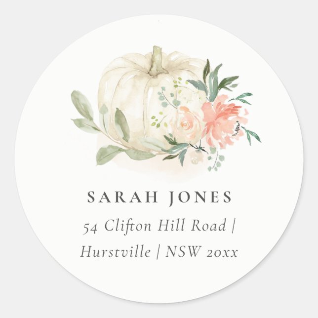 Elegant Soft White Pumpkin Blush Floral Address Classic Round Sticker (Front)