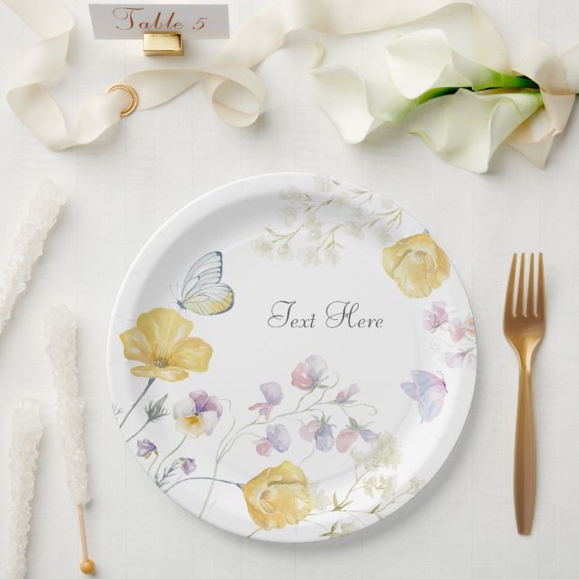 Elegant soft wild floral butterfly paper plates (Wedding)