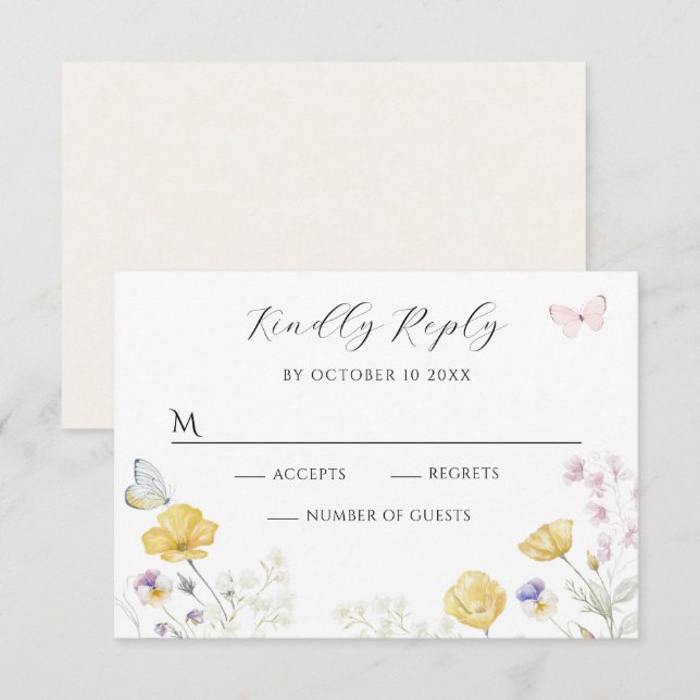 Elegant soft wild floral butterfly RSVP card (Front/Back)