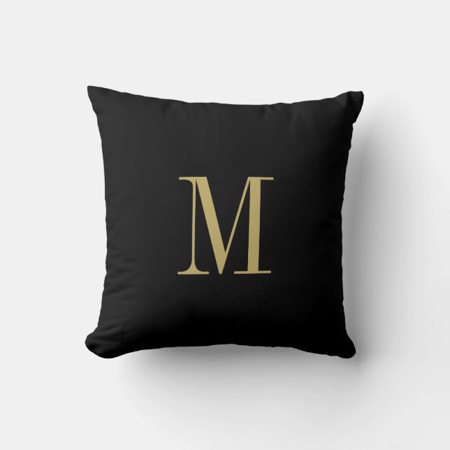 Elegant Solid Black with Gold Monogram  Throw Pillow (Front)