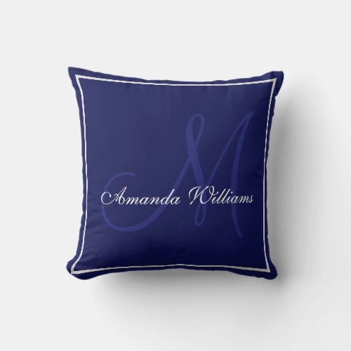 Elegant solid blue white initial monogram throw pillow