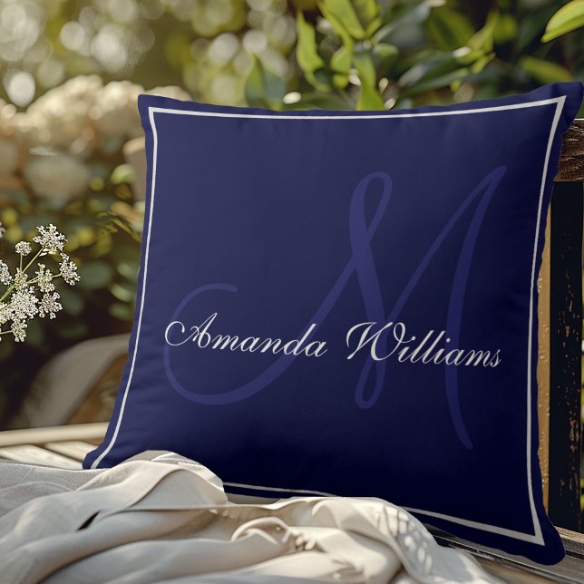 Elegant solid blue white initial monogram throw pillow (Creator Uploaded)
