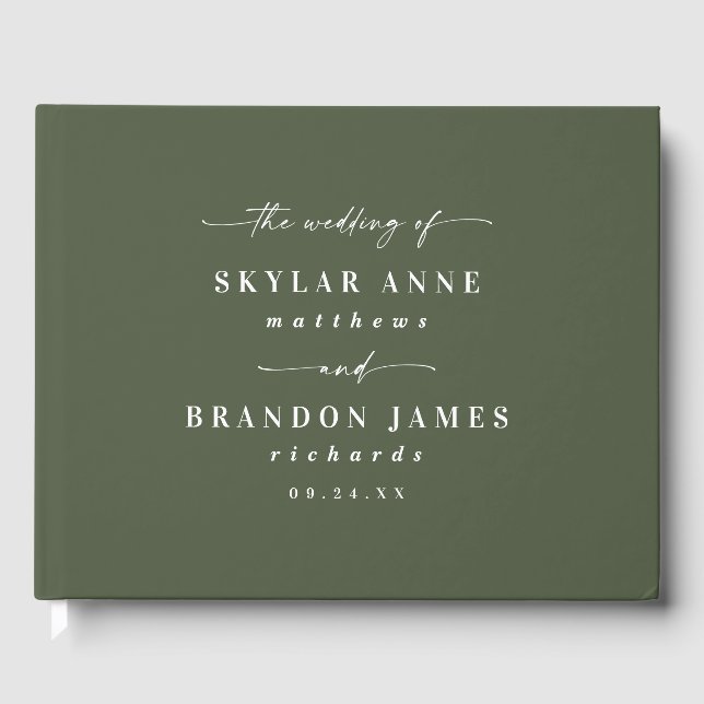 Elegant Solid Color Dark Monstera Green Wedding Guest Book (Front)