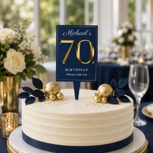 Elegant Solid Gold Text Navy Blue 70th Birthday Cake Topper