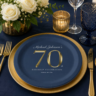 Elegant Solid Gold Text Navy Blue 70th Birthday Paper Plates