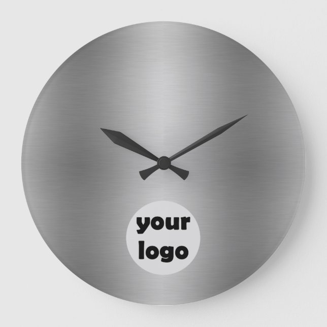 Elegant Solid Metallic Silver Gray Logo Large Clock (Front)