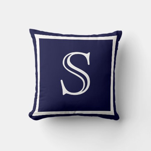 Elegant Solid Navy Blue White Monogrammed Throw Pillow
