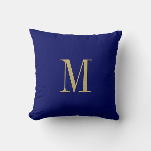 Elegant Solid Navy Blue with Gold Monogram Throw Pillow