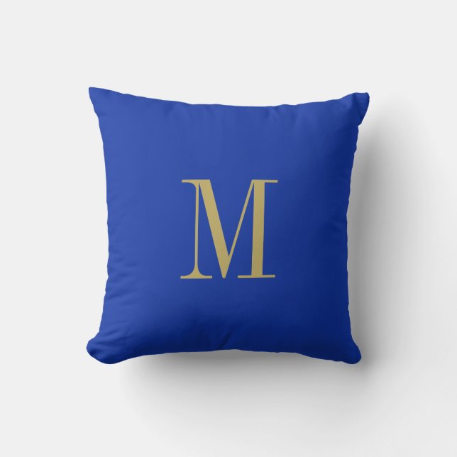 Elegant Solid Royal Blue with Gold Monogram Throw Pillow (Front)