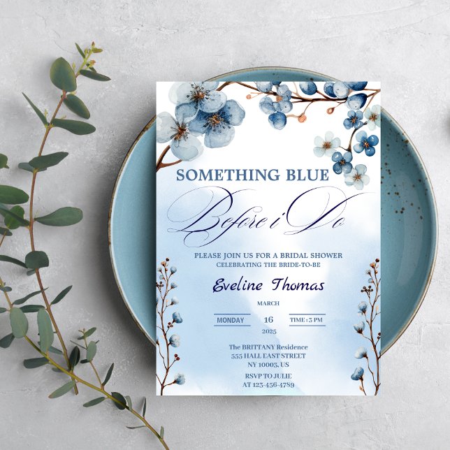 Elegant Something Blue Before I Do Bridal Shower  Invitation ( Something Blue Before I Do Bridal shower blue white watercolor typography victorian luncheon brunch)