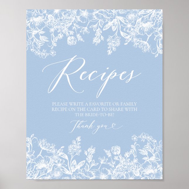Elegant Something Blue Bridal Shower Recipe Card  Poster (Front)
