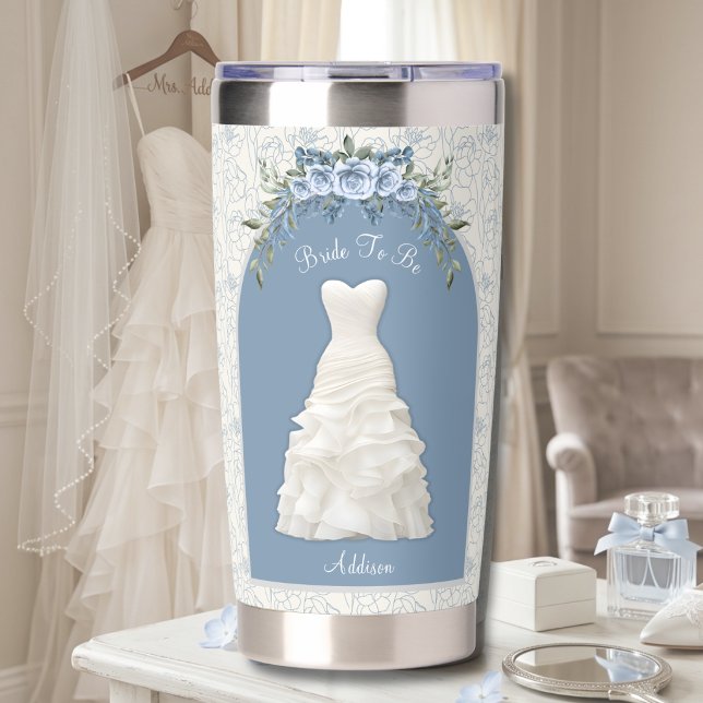 Elegant Something Blue Bride To Be Wedding Insulated Tumbler (Elegant Bride To Be gift. Personalized tumbler with tiered wedding dress illustration.)
