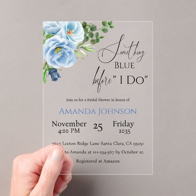 Elegant Something Blue Floral Bridal Shower Acrylic Invitations (Insitu (Handheld))