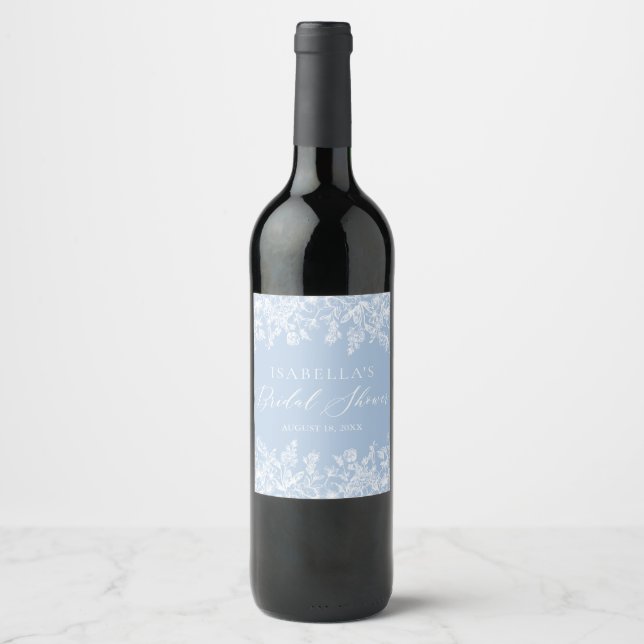 Elegant Something Blue Floral Bridal Shower  Wine Label (Front)