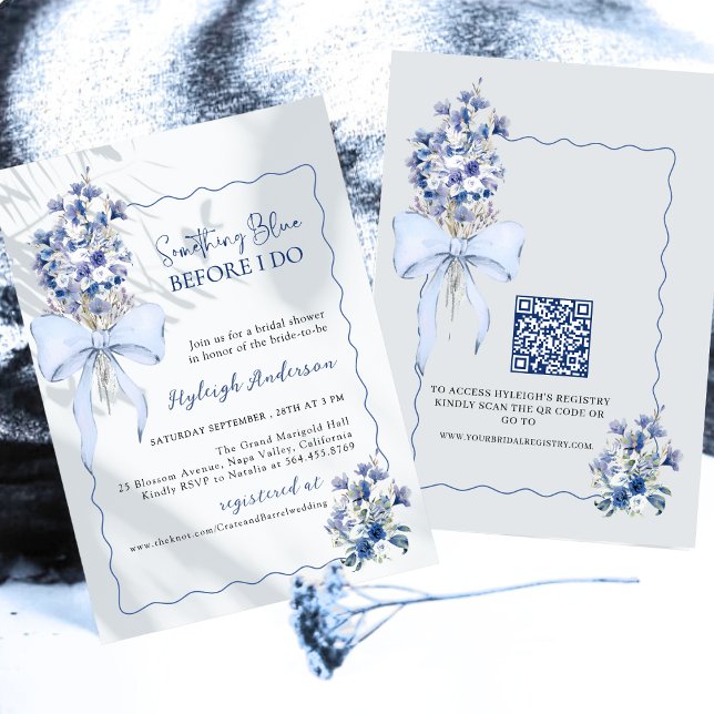 Elegant Something Blue Floral QR Code Bridal Showe Invitation (Creator Uploaded)