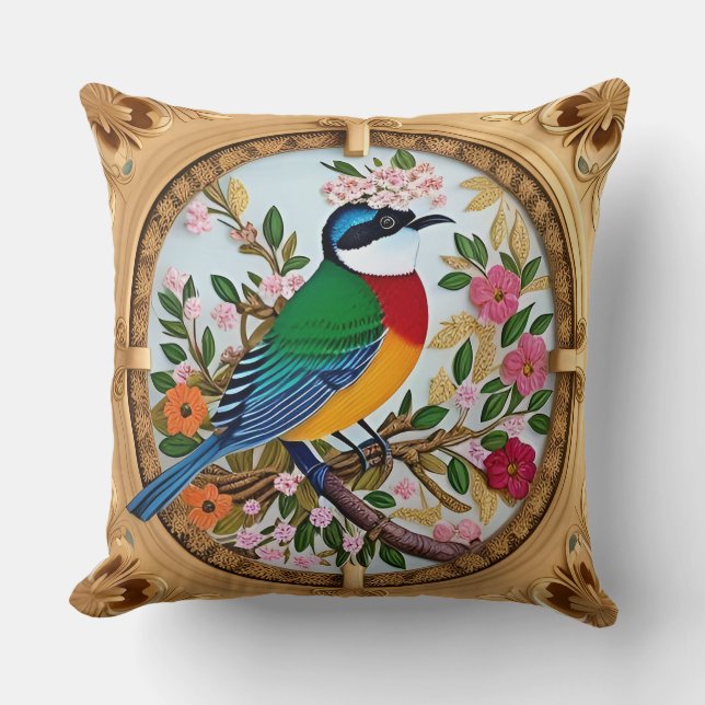 Elegant Songbird Perched on Floral Branch Throw Pillow (Front)
