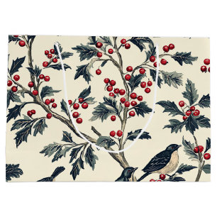 Elegant Songbird Winter Holly Cream Red Pattern Large Gift Bag