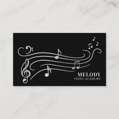 Elegant  Sophisticate Silver  Black Piano Music Business Card