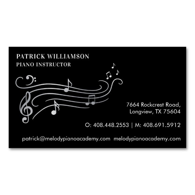 Elegant & Sophisticate Silver & Black Piano Music Business Card Magnet (Front)