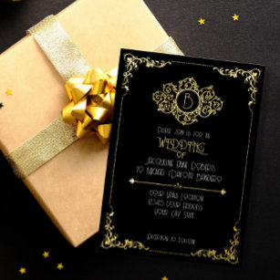 Elegant Sophisticated Art Deco Black Gold Wedding  Foil Invitation