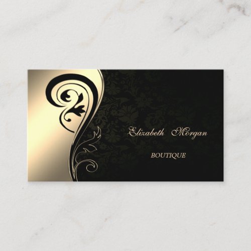 Elegant Sophisticated Black Damask Gold Swirl Business Card