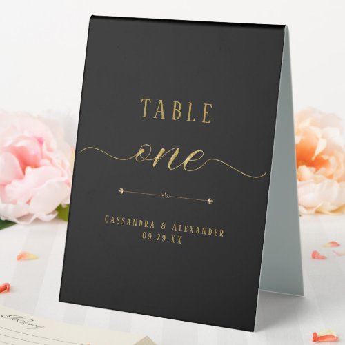 Elegant Sophisticated Black Gold Script Wedding Table Tent Sign