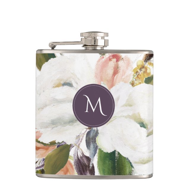 Elegant Sophisticated Botanical Floral Monogram Fl Flask (Front)