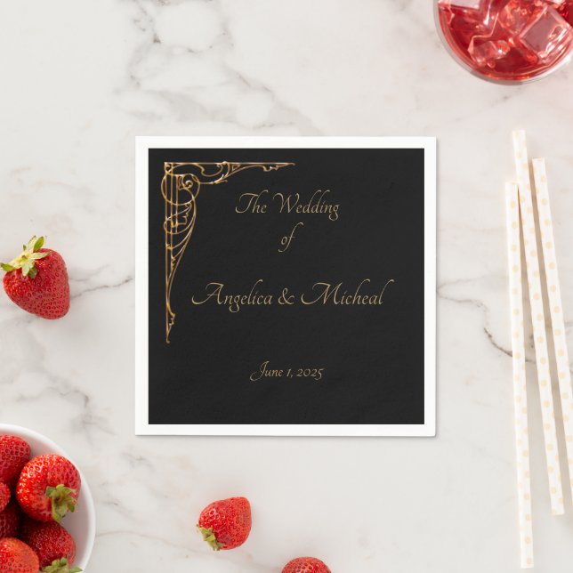 Elegant, Sophisticated Dramatic Black & Gold  Napkins (Insitu)