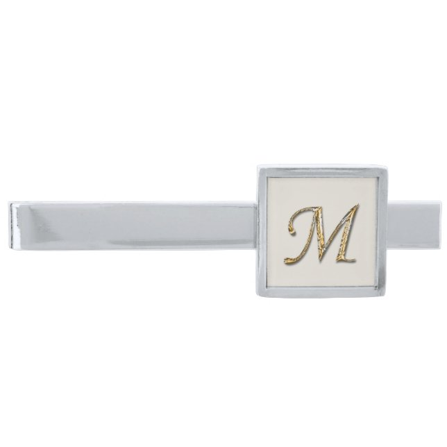 Elegant Sophisticated Gold Letter M Monogram Silver Finish Tie Bar (Front)