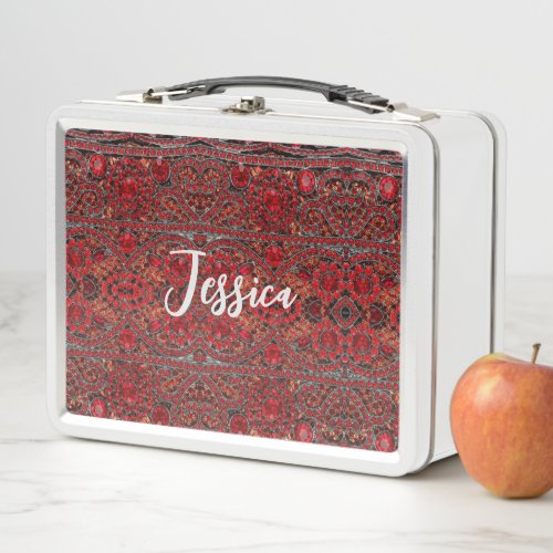 elegant sophisticated gold ruby red burgundy  metal lunch box