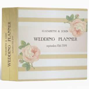 Elegant Sophisticated Gold Stripes ,Roses Wedding 3 Ring Binder