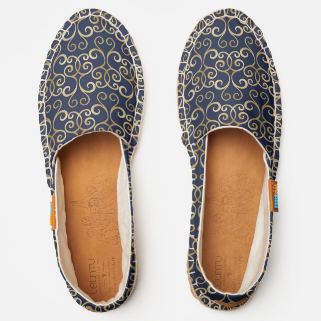    Elegant Sophisticated Navy Blue And Gold Damask Espadrilles (Front)