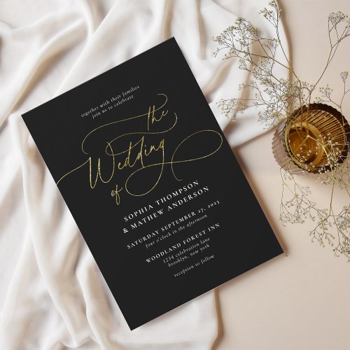 Elegant Sophisticated Script Black Gold Wedding Invitation