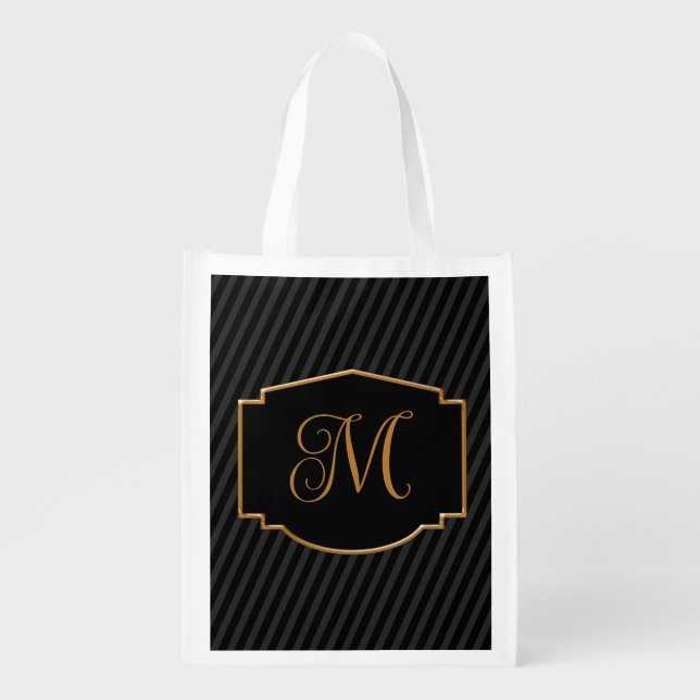 Elegant, Sophisticated Striped Monogram  Grocery Bag (Front)
