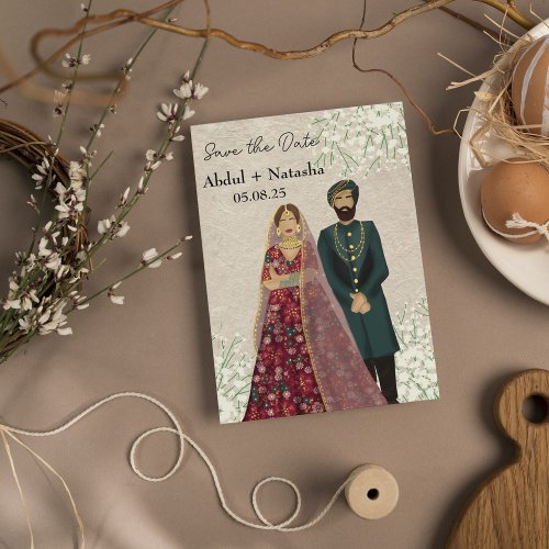 Elegant South Asian  Illustrated Couple Save The Date