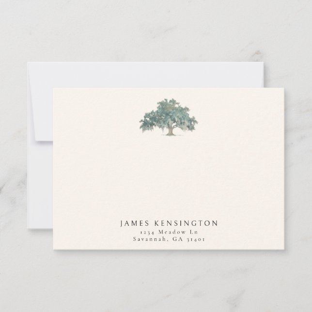 Elegant Southern Oak Tree Custom Name Address Note Card (Front)