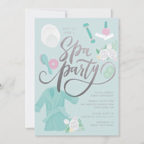 Elegant Spa Party Invitation Blue wfaux silver