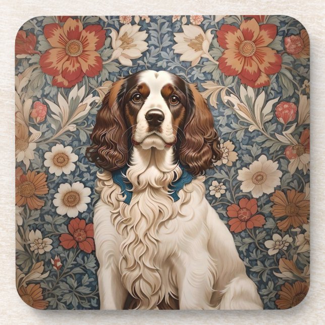 Elegant Spaniel On Floral Background Beverage Coaster (Front)
