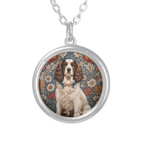 Elegant Spaniel On Floral Background Silver Plated Necklace