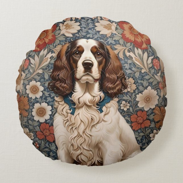 Elegant Spaniel William Morris Inspired Floral Round Pillow (Front)
