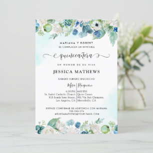 Elegant Spanish Aqua Turquoise Quinceañera Floral Invitation