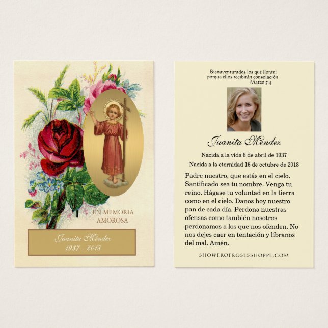 Elegant Spanish Jesus Roses Religious Prayer Card (Front & Back)