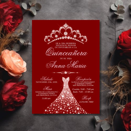 Elegant Spanish Quinceaera Mis Quince 15  Red Invitation