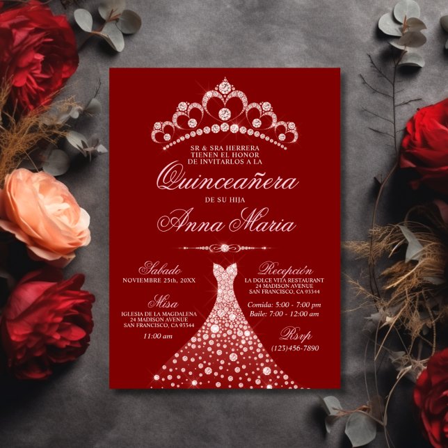 Elegant Spanish Quinceañera Mis Quince 15 | Red Invitation