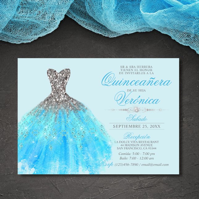 Elegant Spanish Quinceañera Mis Quince Blue Invitation (Creator Uploaded)
